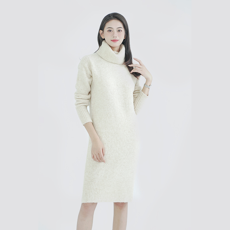 Winter White Turtleneck Long Knitted Sweater Dress