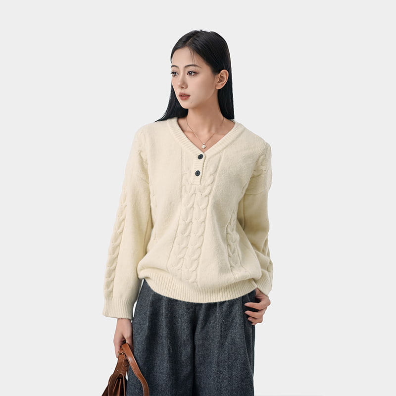 Buttoned V-Neck Loose Knit Sweater